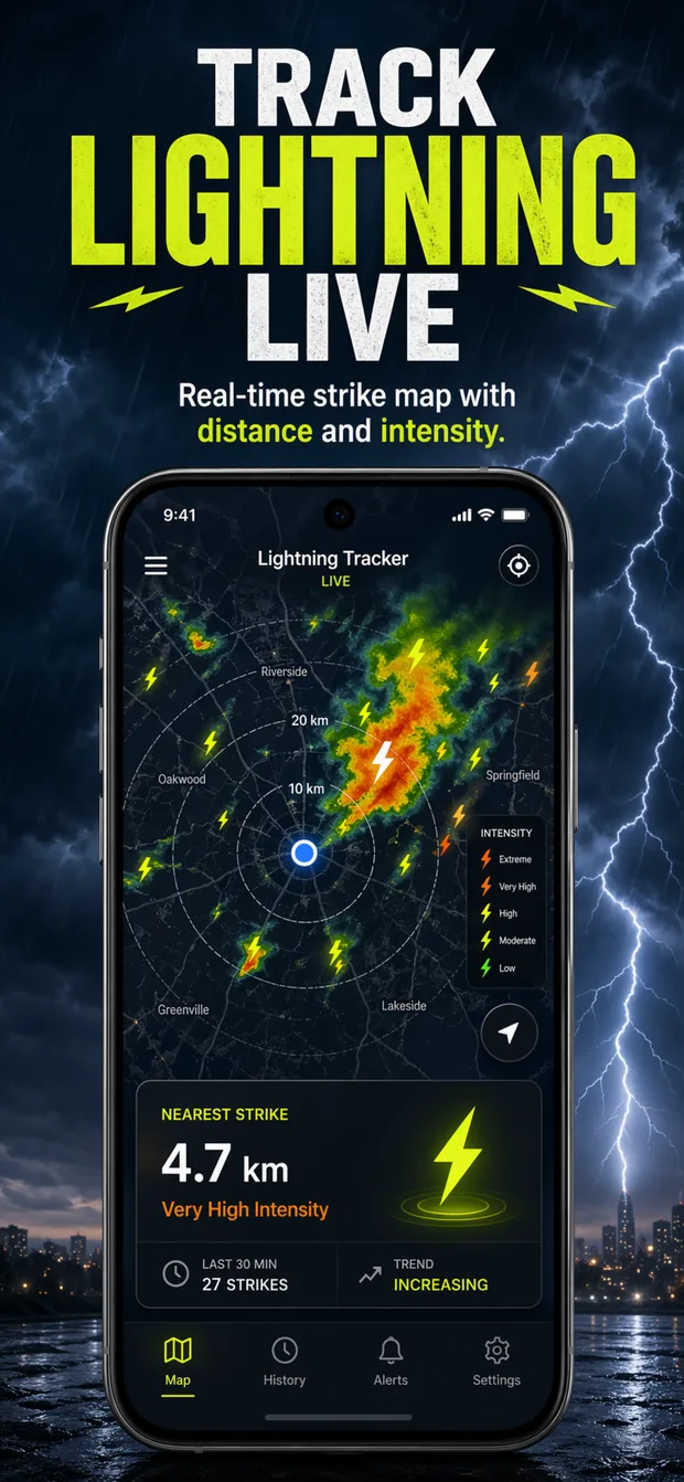 Lightning Tracker mobile app showing a live lightning strike map and nearest strike distance.