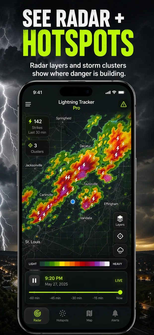 Lightning Tracker mobile app showing weather radar, lightning hotspots, and storm clusters.