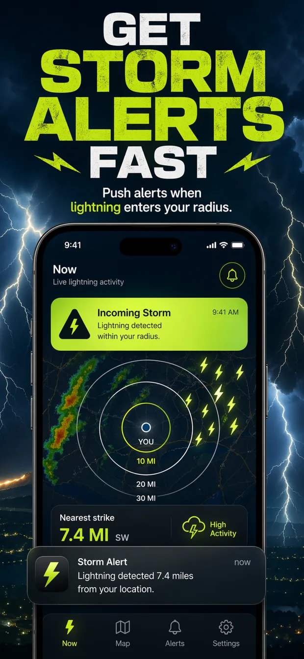 Lightning Tracker mobile app showing an incoming storm alert and nearby lightning radius.